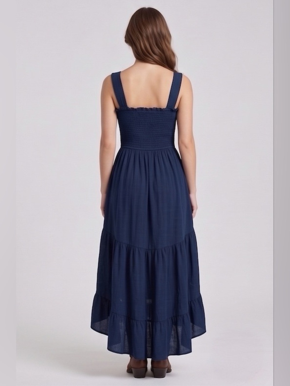 Strapless Smocked High-Low Maxi Dress with Buttons Navy - Picture 8 of 9